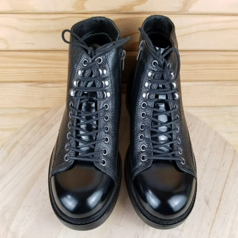 Men's 9M 100% Genuine Leather Black Ankle Boots by Paul Branco Side Zip Lace-up